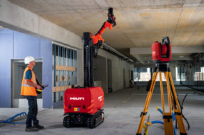 Hilti Jaibot is steered by a remote control run by an operator to move from one location to the next. Once in drilling area, the Jaibot drills all holes within reach automatically.