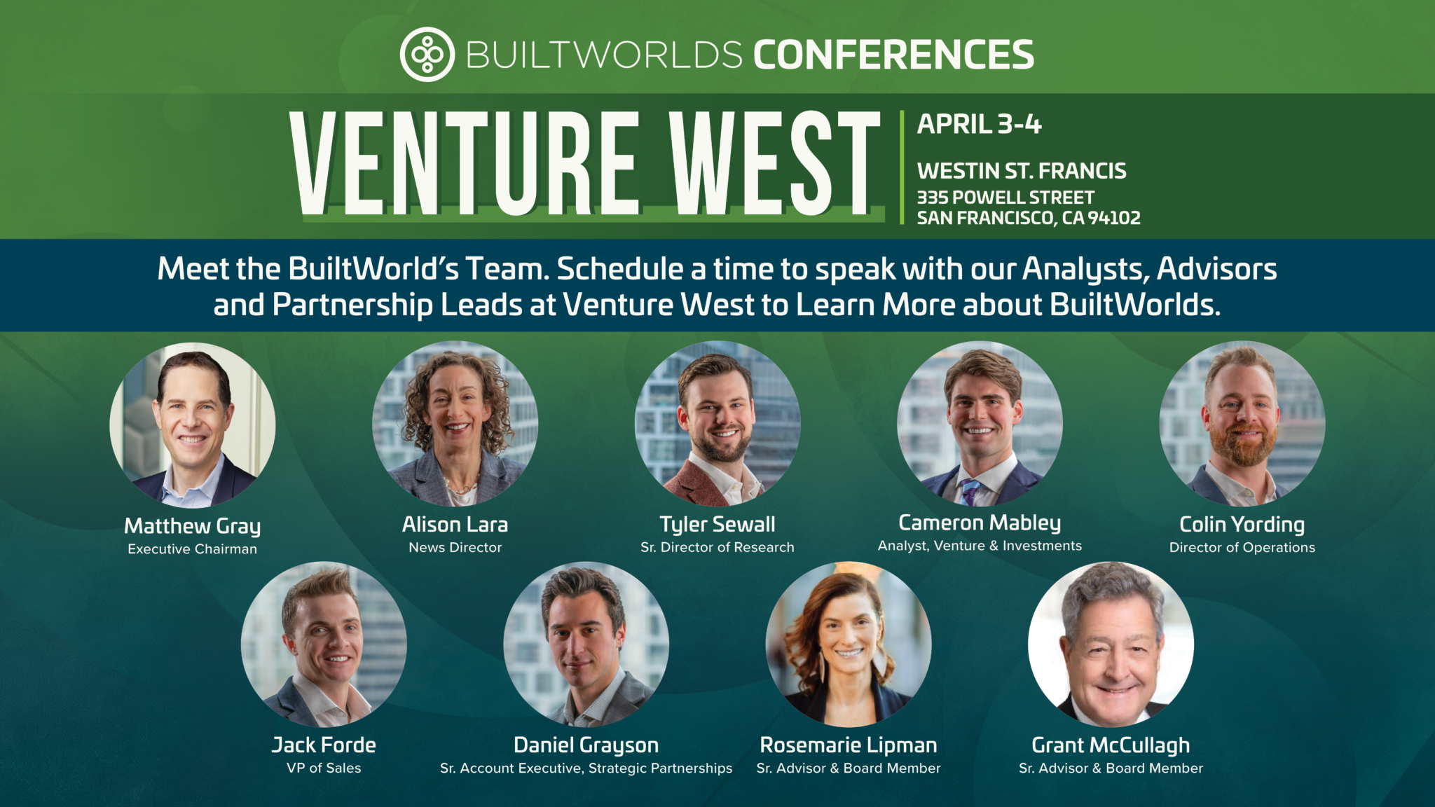 BuiltWorlds Venture West 2024 April 3 4 San Francisco CA   1313000804 Venture West 24 Meet The Team Thumbnail.v2 2048x1152 