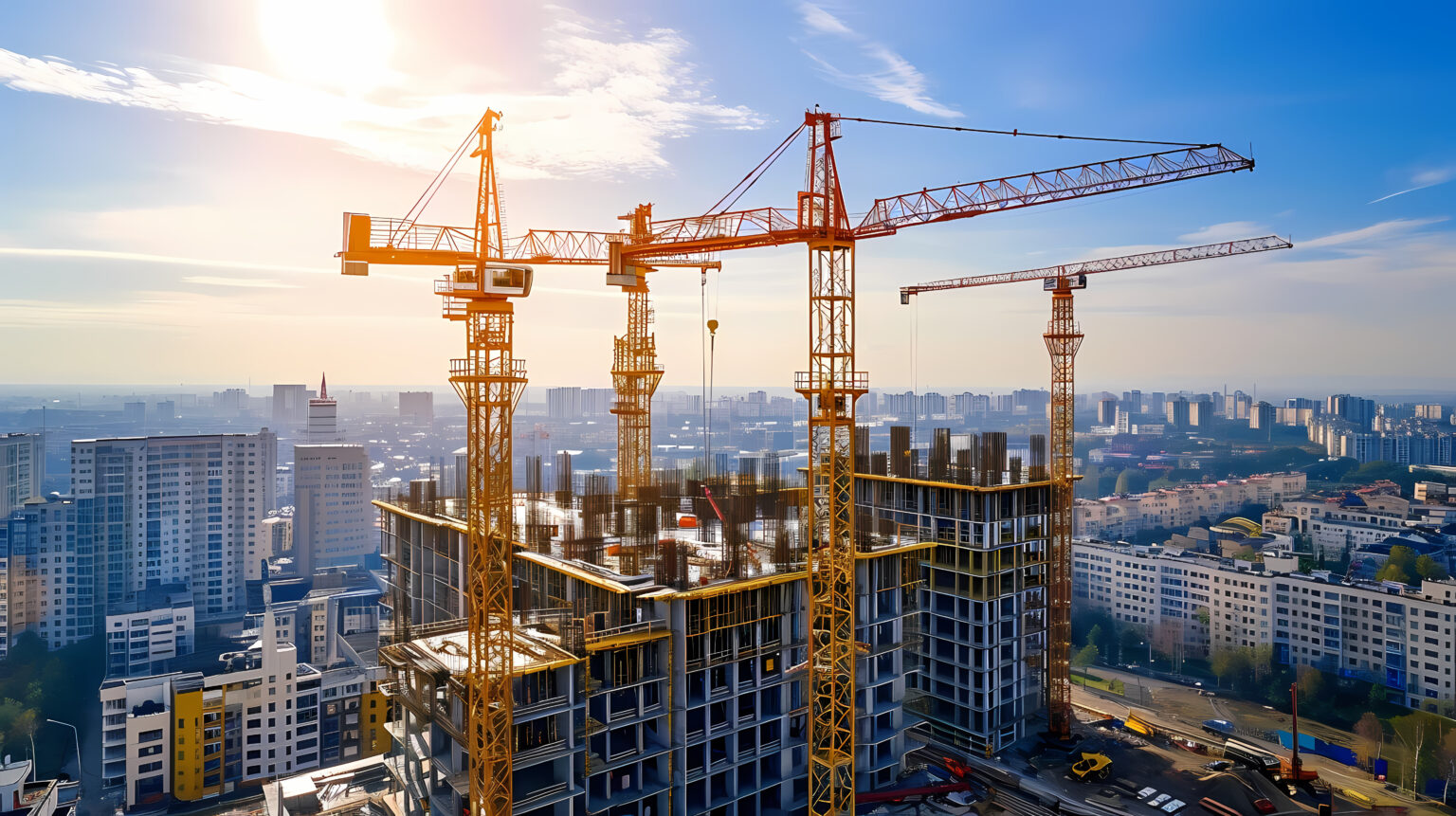 Large Construction Site with Multiple Cranes and Building Complex