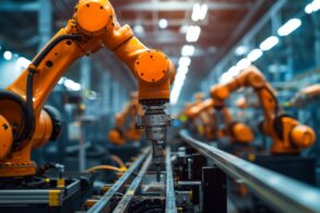 Mechanized industry robot and robotic arms for assembly in factory production . Concept of artificial intelligence for industrial revolution and automation manufacturing process .