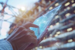 Revolutionizing construction management through a smart project system, capturing the use of a digital tablet with specialized software against a bustling construction site backdrop