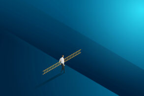 Businessman walking holding ladder cross to goal success with challenge. illustration
