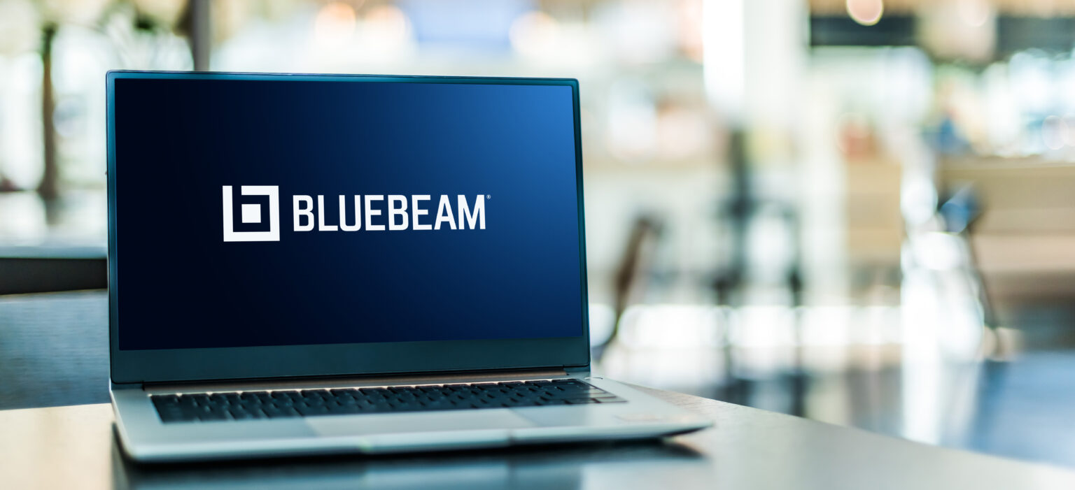 Laptop computer displaying logo of Bluebeam, Inc., an American software company founded in 2002 and headquartered in Pasadena, California, owned by Nemetschek Group