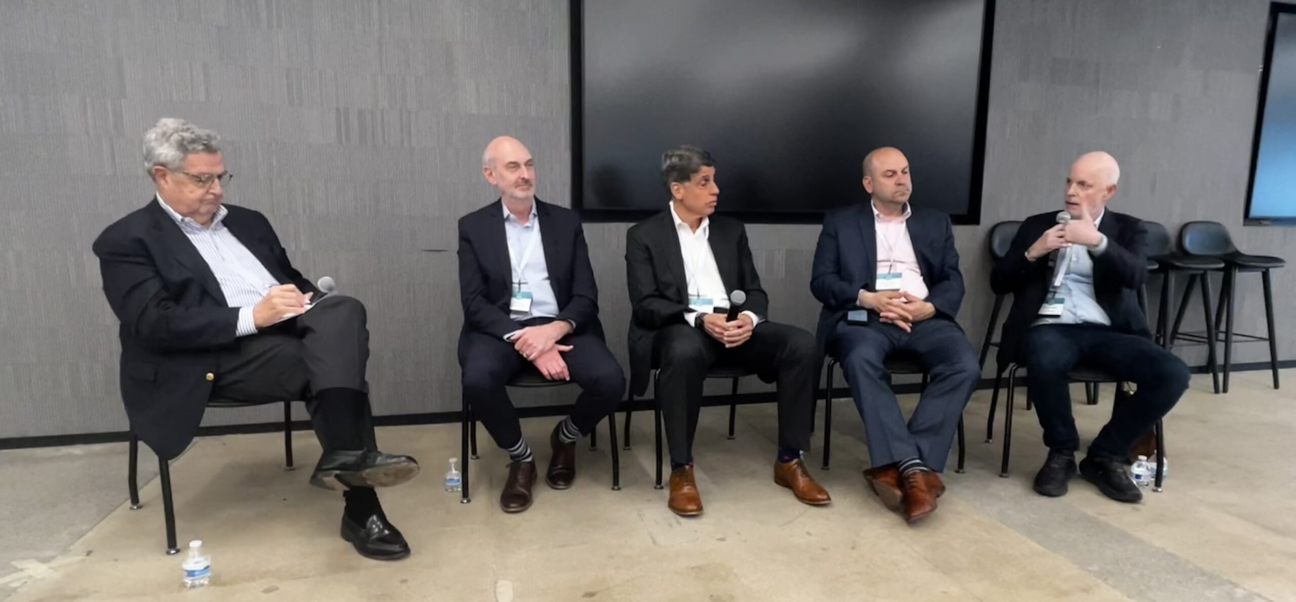 AEC Angels founding members discuss industry innovation at BuiltWorlds' 2024 Buildings Conference. From left to right: Grant McCullagh, Rob Leon, Tom Scarangello, Robert Ioanna and William Sharples.
