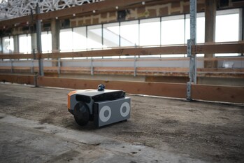 Dusty Robotics' FieldPrinter is a robotic layout solution that autonomously prints full-scale construction plans directly onto floors, increasing accuracy and efficiency in building projects. Source: Dusty Robotics