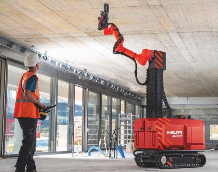 The Hilti Jaibot is a semi-autonomous construction robot designed to perform repetitive drilling tasks with precision, enhancing efficiency and safety on job sites. Source: Hilti