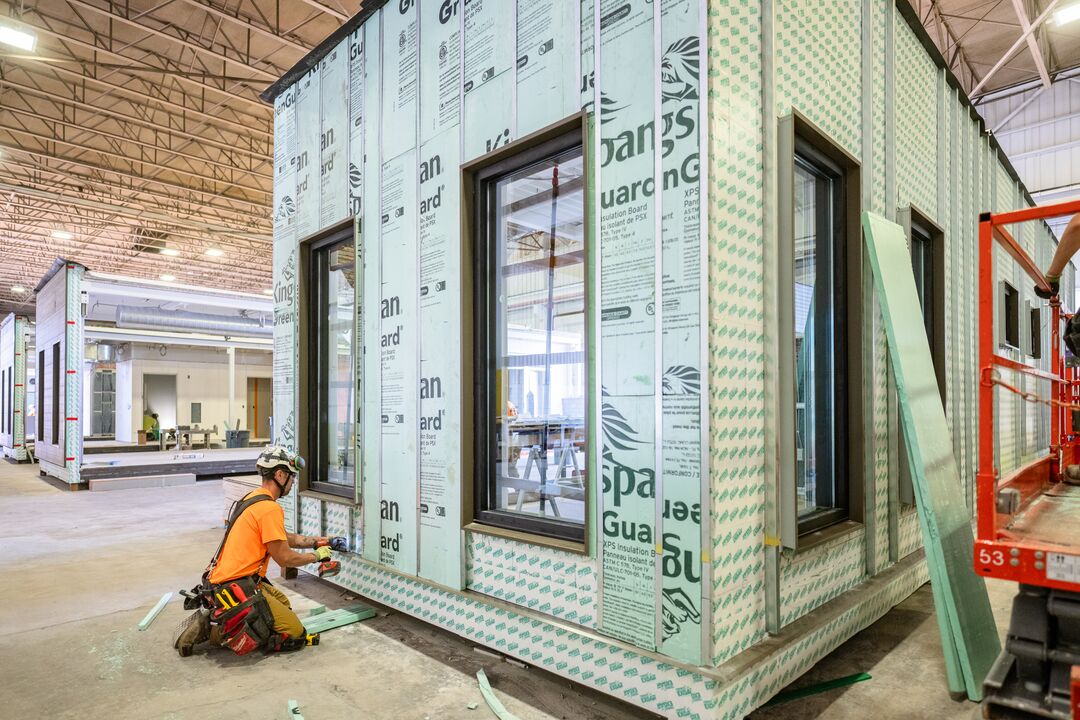 Prefabrication of modular pods at Boldt's prefabrication shop in Oshkosh, Wisc. Source: Boldt