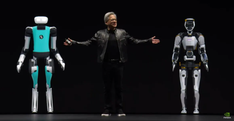 Jensen Huang introducing humanoid robots at GTC 2024. Credit Nvidia