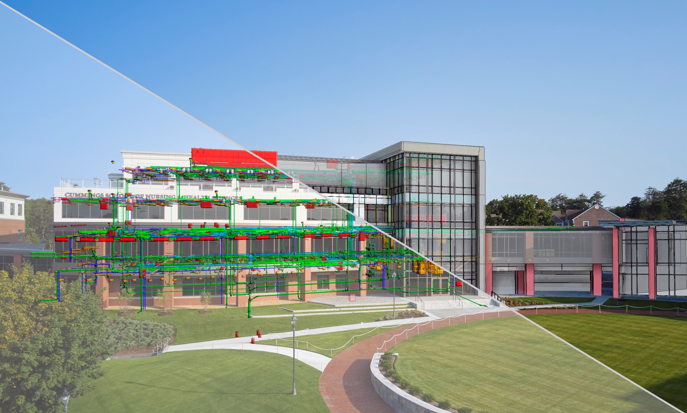 Digital plans for a building are overlaid a photo of the actual building to illustrate the uses of tech innovations in construction. 