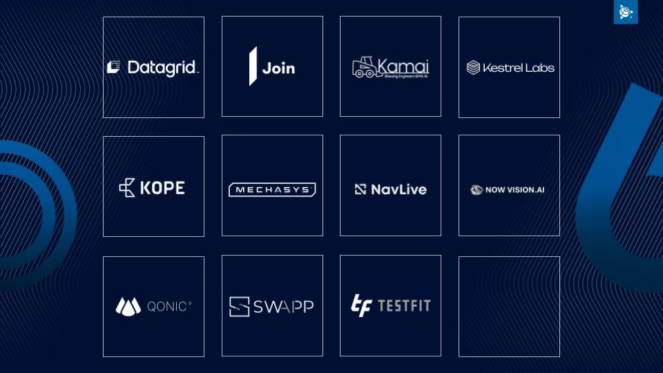 Trimble 0-60 challenge finalists datagrid, join kamai, kestrel labs, now vision.ai, navlive, testfit, swapp, qonic, kope, machasys