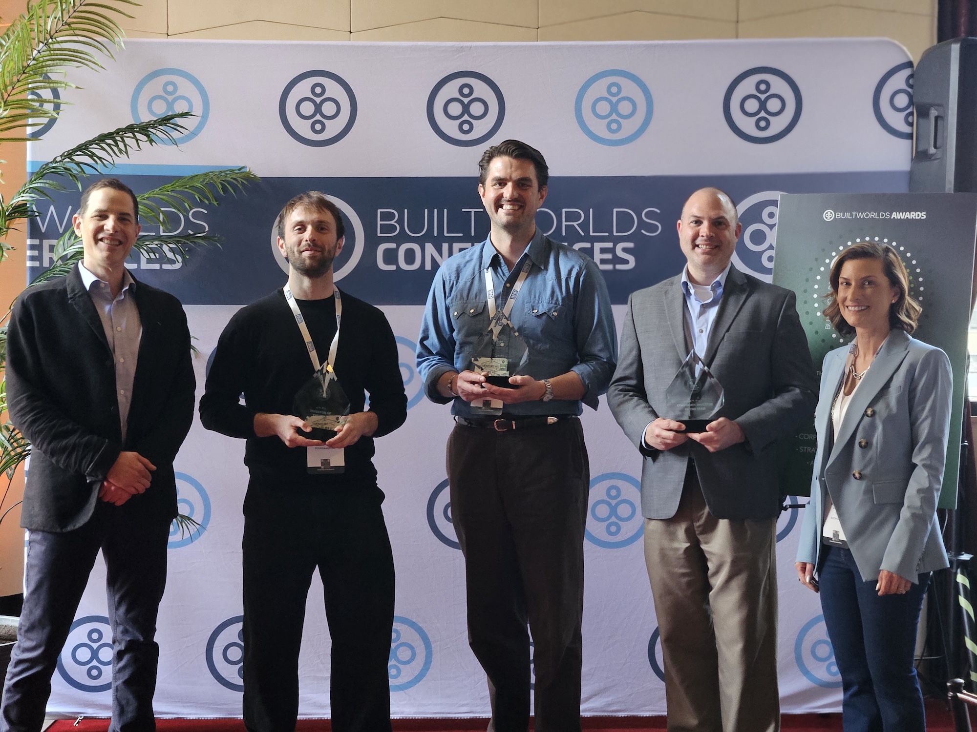 From left to right: Matthew Gray (BuiltWorlds), Gabriele Tinelli (Foundamental), Jonson Berman (Suffolk Technologies), Zachary Birky (Caterpillar Ventures), Rosemarie Lipman (Builtworlds)