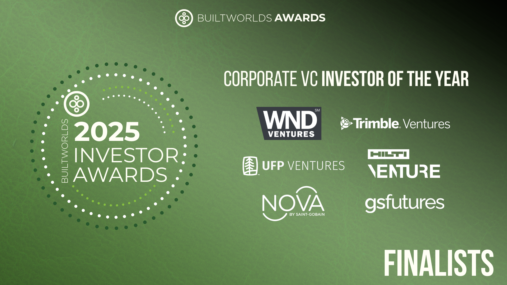 BuiltWorlds CVC Investor of the Year Finalists WND Ventures, Trimble Ventures, UFP Ventures, HILTI Ventures, NOVA By Saint-Gobain, GS Futures