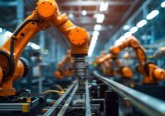 Mechanized industry robot and robotic arms for assembly in factory production . Concept of artificial intelligence for industrial revolution and automation manufacturing process .