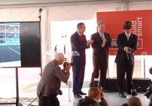 Turning virtual dirt: Boston Mayor Marty Walsh was the first to try out the VR headset at this month's ceremony.