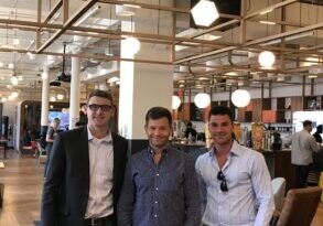 BuiltWorlds team members Sam Huffman and Bryant Donnowitz, pictured with Fieldlens Founder and WeWork OS leader Doug Chambers in 2017
