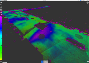 The laser scan was used to show current conditions of the mall corridor spaces, specifically with attention on the flatness of the floors. A 3” slice of the point cloud was taken to show these variations, with the key on the left as a guide (Low points at red/green end of spectrum at 1’-0” and highest points at 1’-3” in magenta).