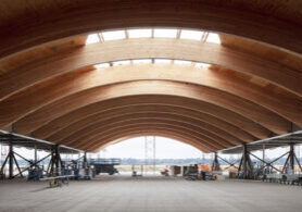 Prefabrication for the ZGF-designed remodeling of Portland's international airport terminal, the first airport to have a mass timber roof. Image courtesy of ZGF